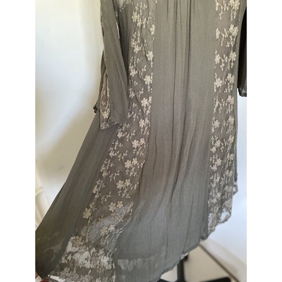 World Market Grey Mini Flare Dress Tunic Women S/M Lace Accents Long Sleeve Vtg - Picture 9 of 16